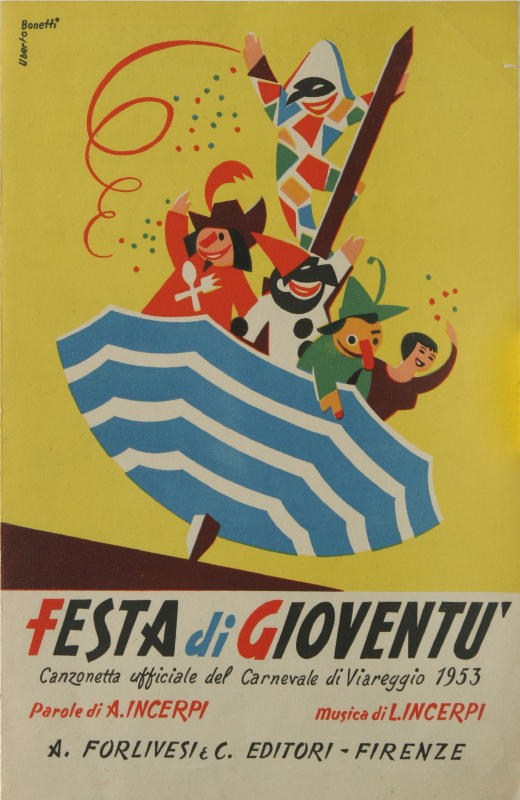 GAMC - Galleria di Arte Moderna - Opera : Copertina-spartito della canzonetta ufficiale del Carnevale di Viareggio 1953, Festa di gioventÙ - autore: Bonetti Uberto , immagine