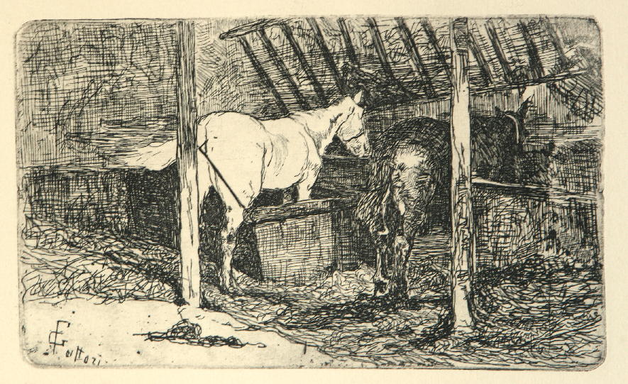 Interno di stalla con cavalli