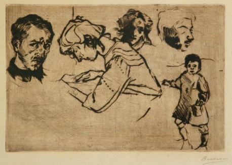 GAMC immagine opera Umberto Boccioni, Schizzi di teste, 1907, puntasecca, cm.18x28,8; foglio cm.33,5x45