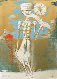 GAMC immagine opera Omaggio al Maestro: Sergio Vacchi, Donna con ombrellino, 1991, litografia a colori, cm.70x50